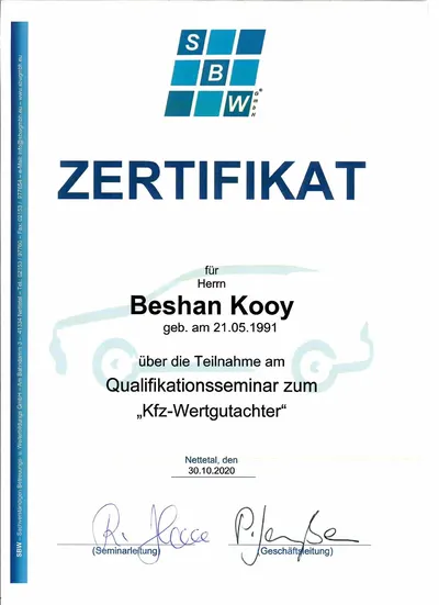 Nachweis: Kfz-Wertgutachter